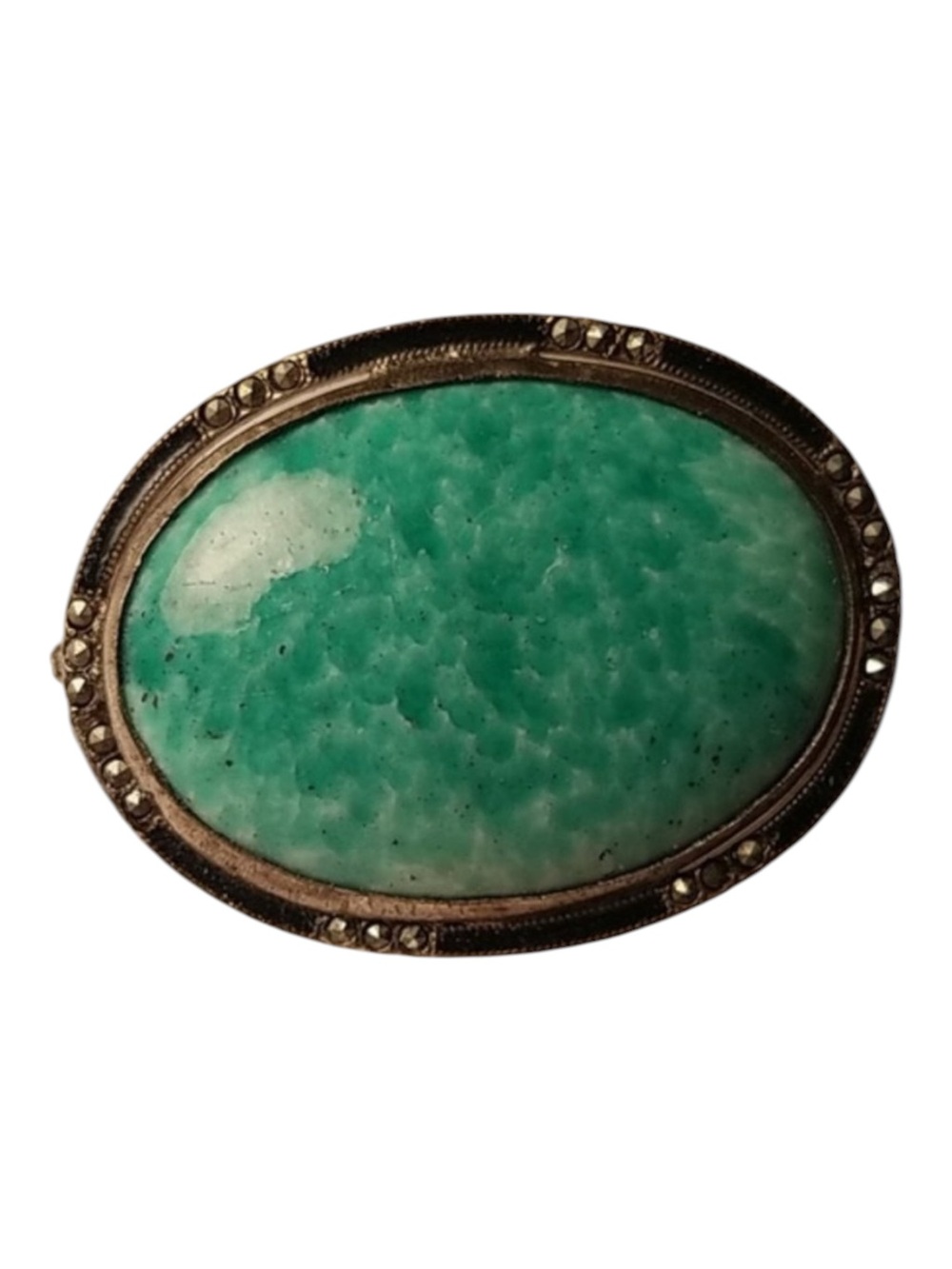 Art Deco Sterling Mottled Green Czech Glass Brooch